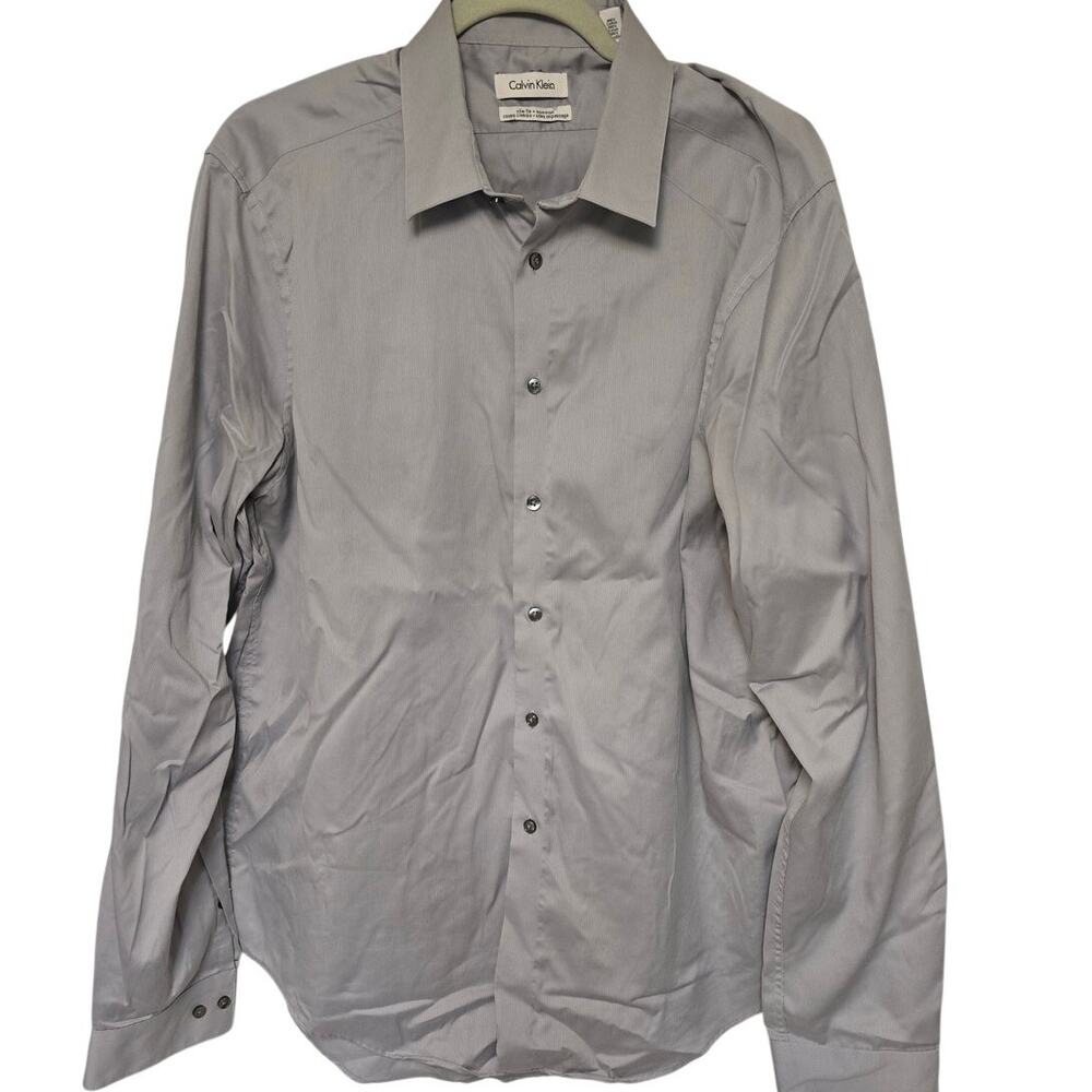 Calvin Klein Mens Dress Shirt 17 36/37 Light Gray Slim Fit Non Iron Cotton